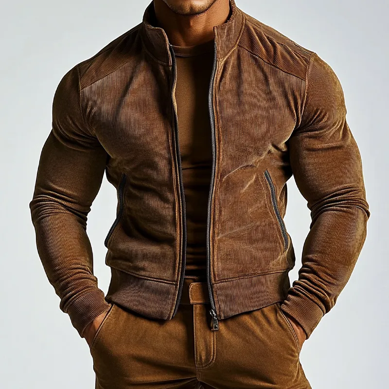 Men's Solid Color Corduroy Stand Collar Zipper Slim Fit Jacket MTA2815H9X sold by Manly product image thumbnail 4