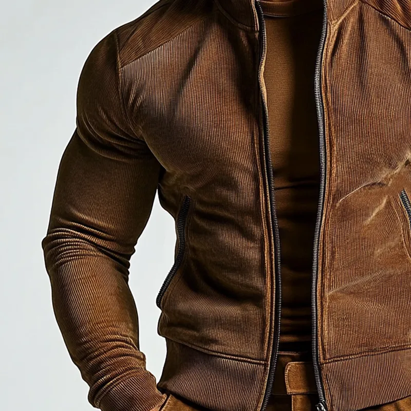 Men's Solid Color Corduroy Stand Collar Zipper Slim Fit Jacket MTA2815H9X sold by Manly product image thumbnail 2