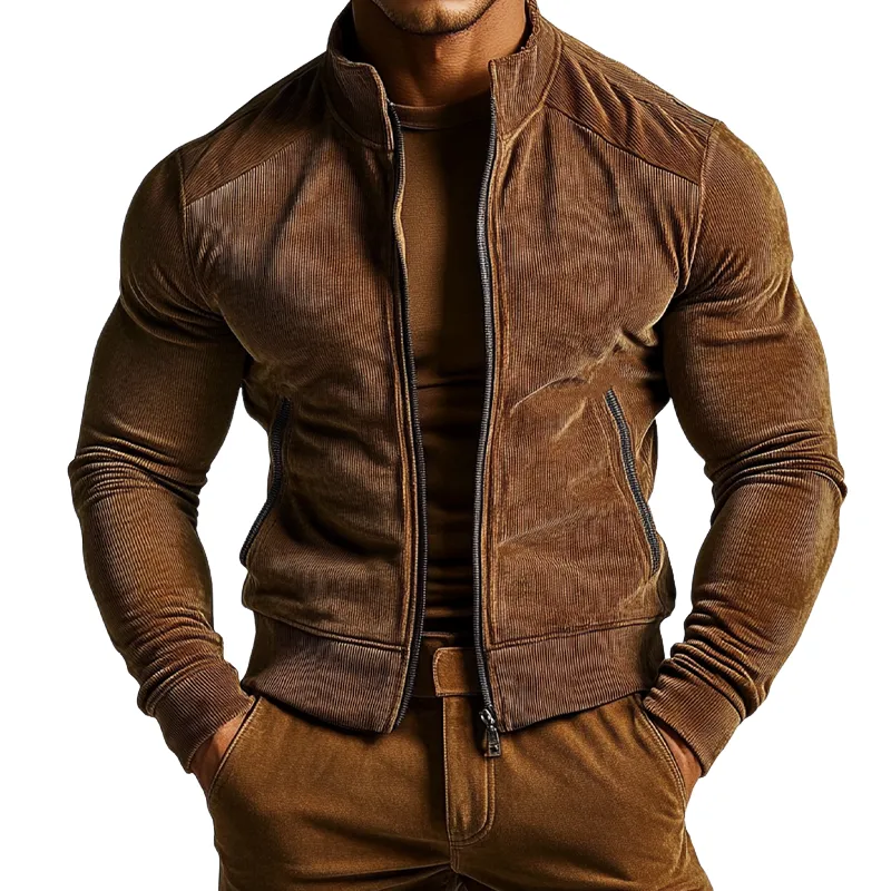 Men's Solid Color Corduroy Stand Collar Zipper Slim Fit Jacket MTA2815H9X sold by Manly