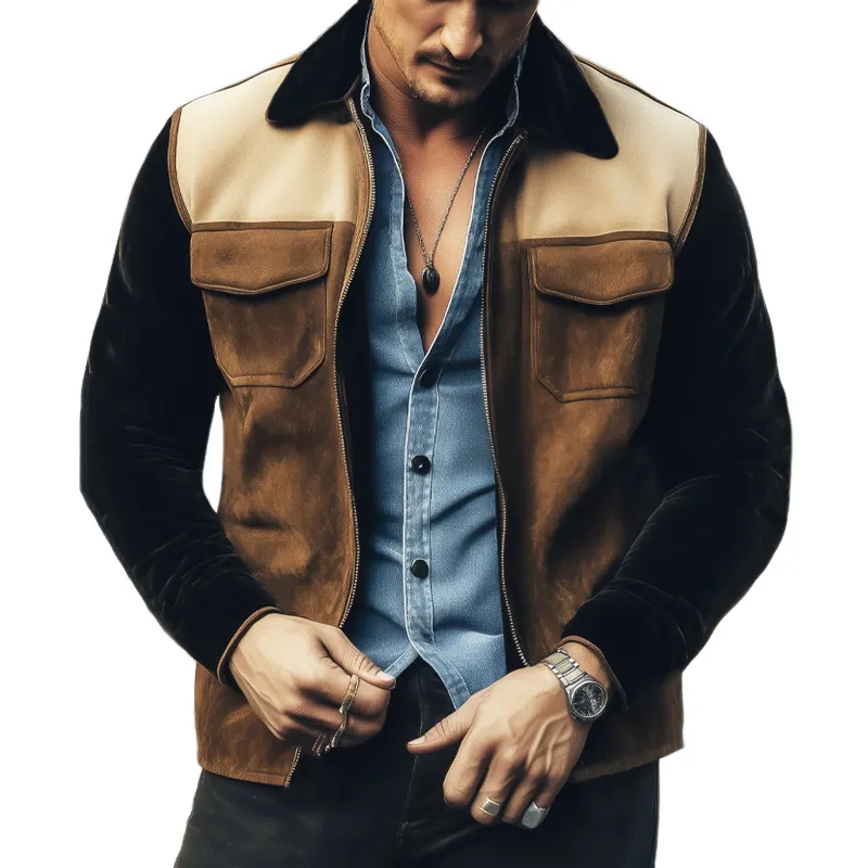 Men's Vintage Colorblock Lapel Zipper Suede Jacket MTA2712H0U sold by Manly