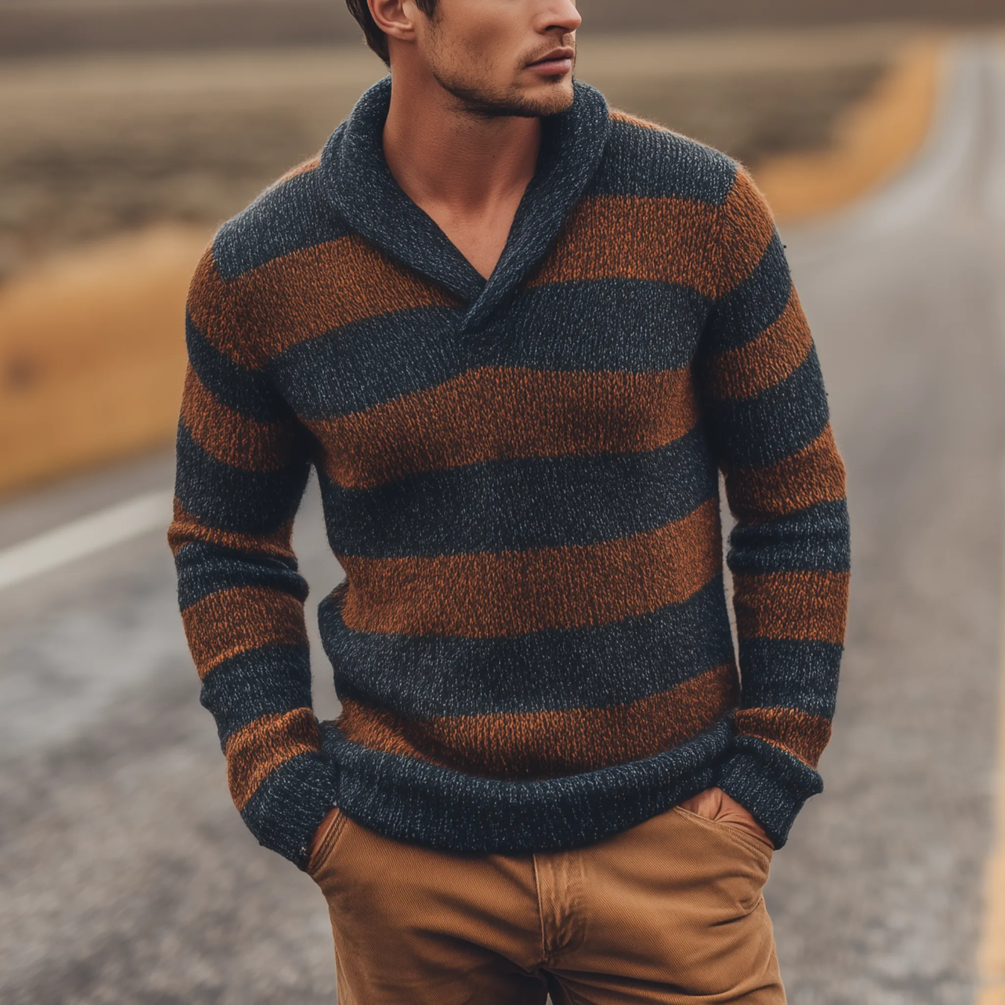 Men's Classic Casual V-neck Contrast Striped Slim-fit Sweater MTA3077H8K sold by Manly product image thumbnail 2