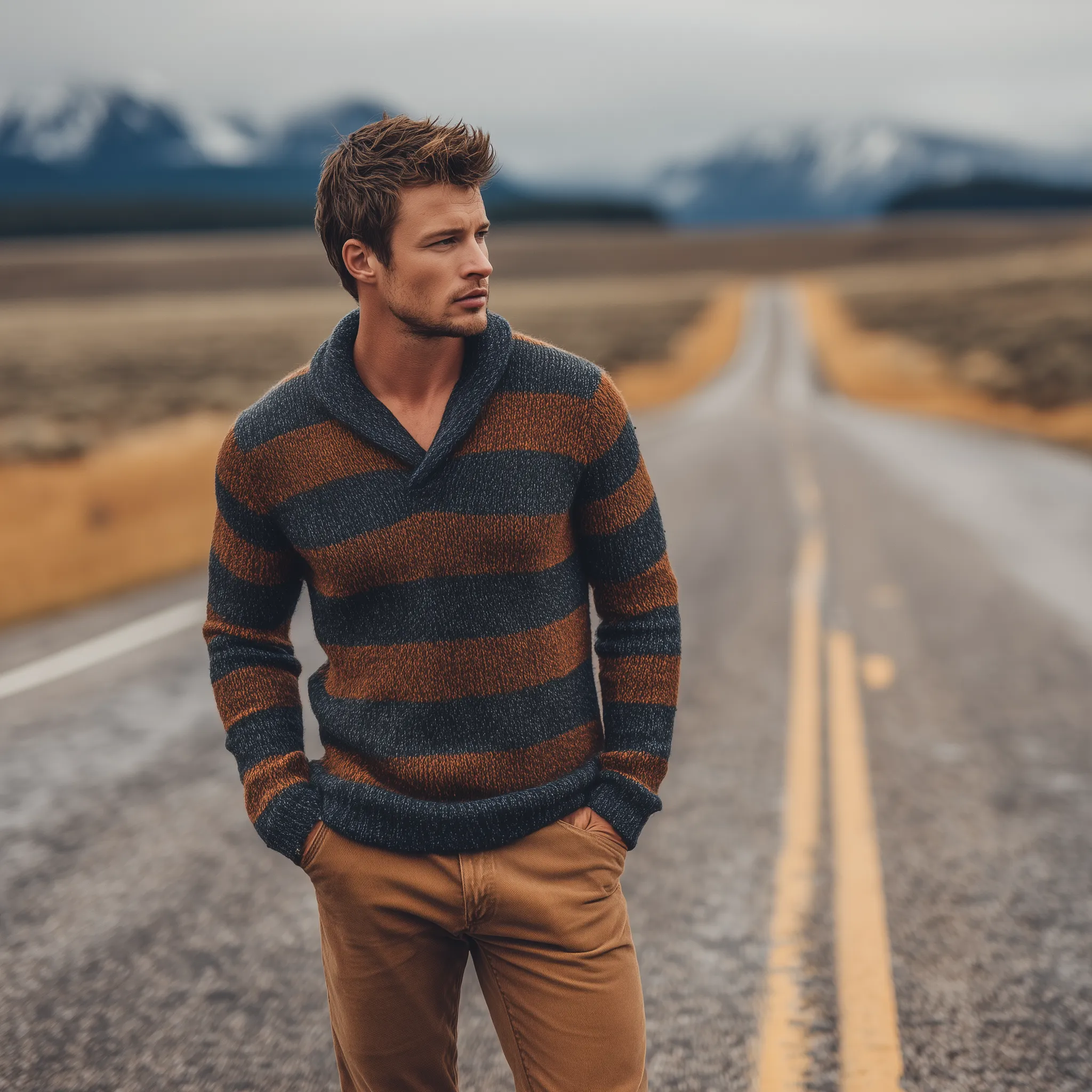 Men's Classic Casual V-neck Contrast Striped Slim-fit Sweater MTA3077H8K sold by Manly product image thumbnail 3
