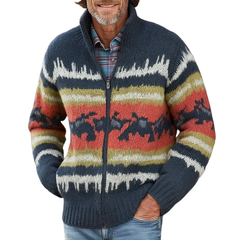 Men's Retro Colorblock Jacquard Zipper Knit Cardigan MTA3055H2U sold by Manly