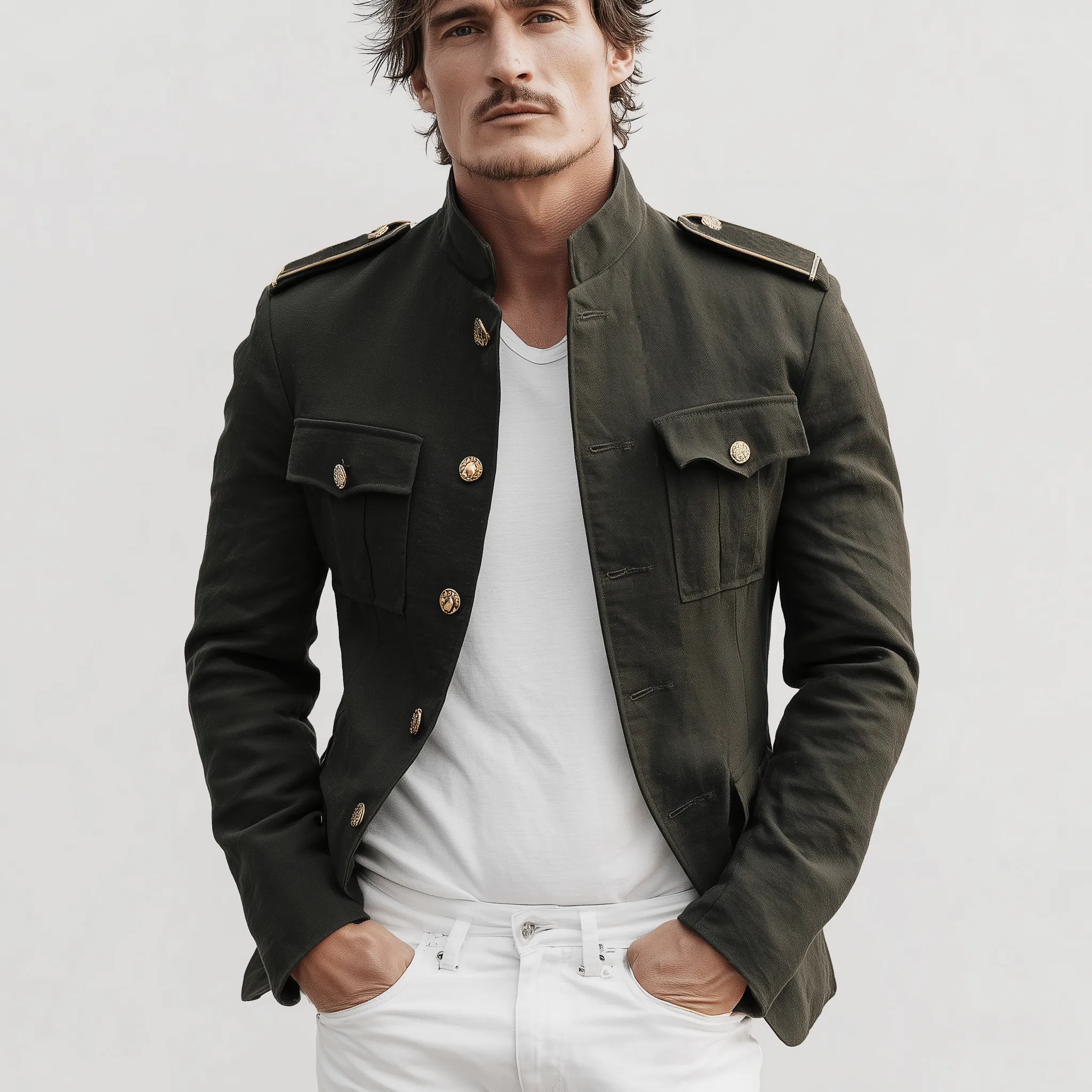 Men's Classic Retro Stand Collar Twill Cotton Multi-pocket Slim Fit Jacket MTA3066H5K sold by Manly product image thumbnail 2