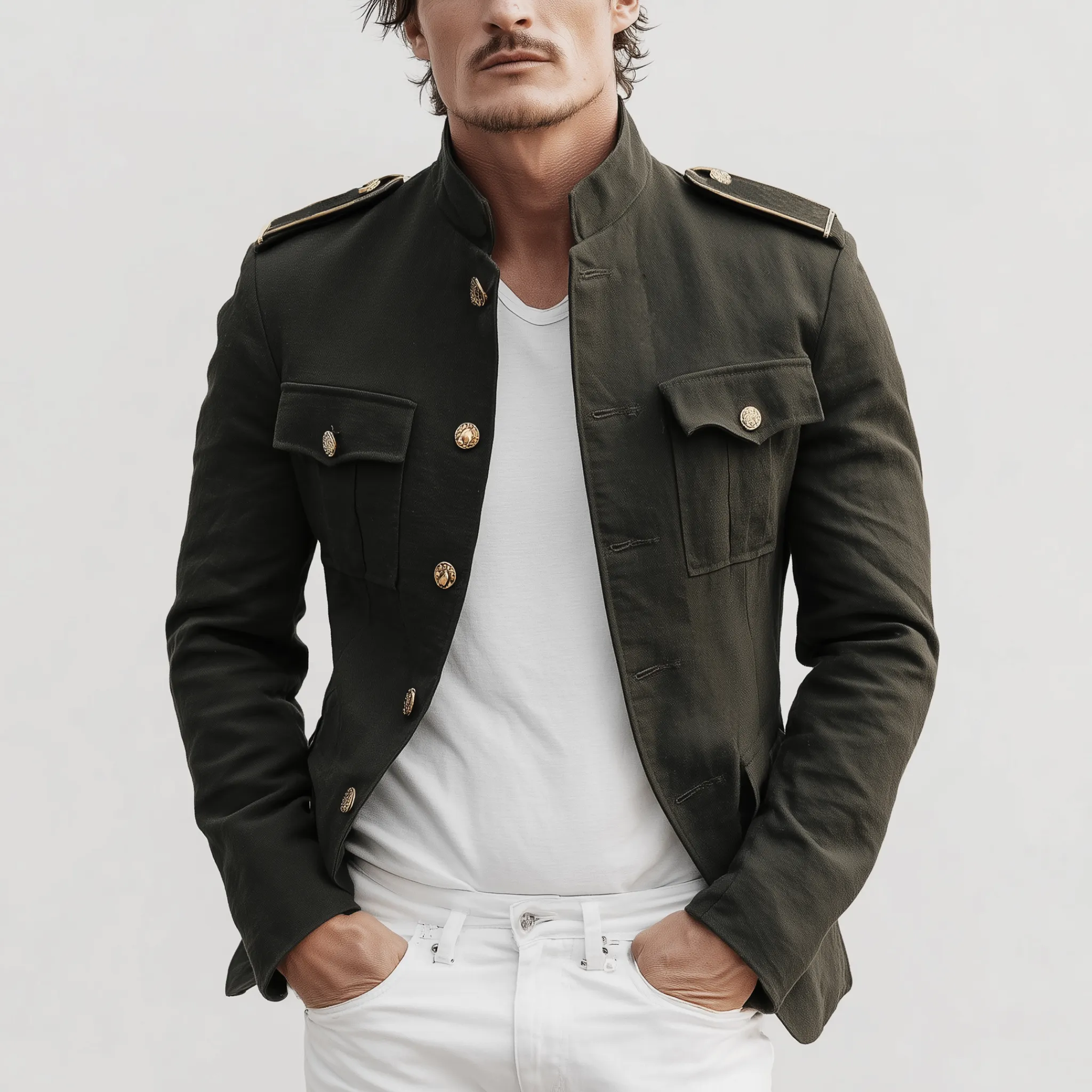 Men's Classic Retro Stand Collar Twill Cotton Multi-pocket Slim Fit Jacket MTA3066H5K sold by Manly product image thumbnail 3