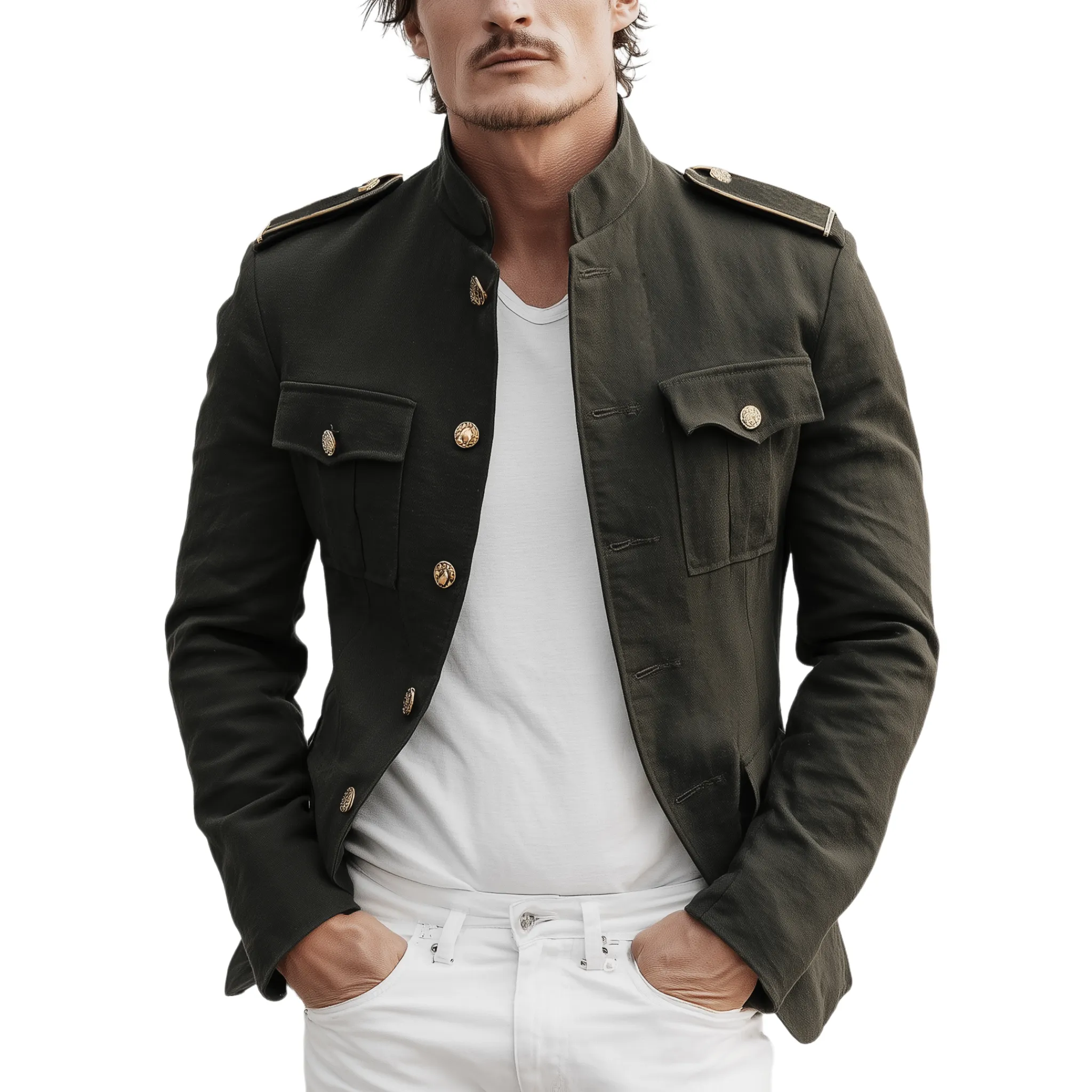 Men's Classic Retro Stand Collar Twill Cotton Multi-pocket Slim Fit Jacket MTA3066H5K sold by Manly