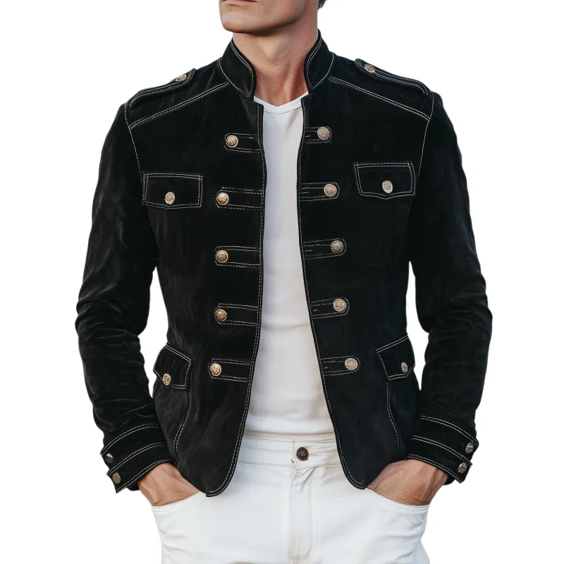 Men's Classic Retro Stand Collar Double-breasted Multi-pocket Suede Jacket MTA3098H1K sold by Manly