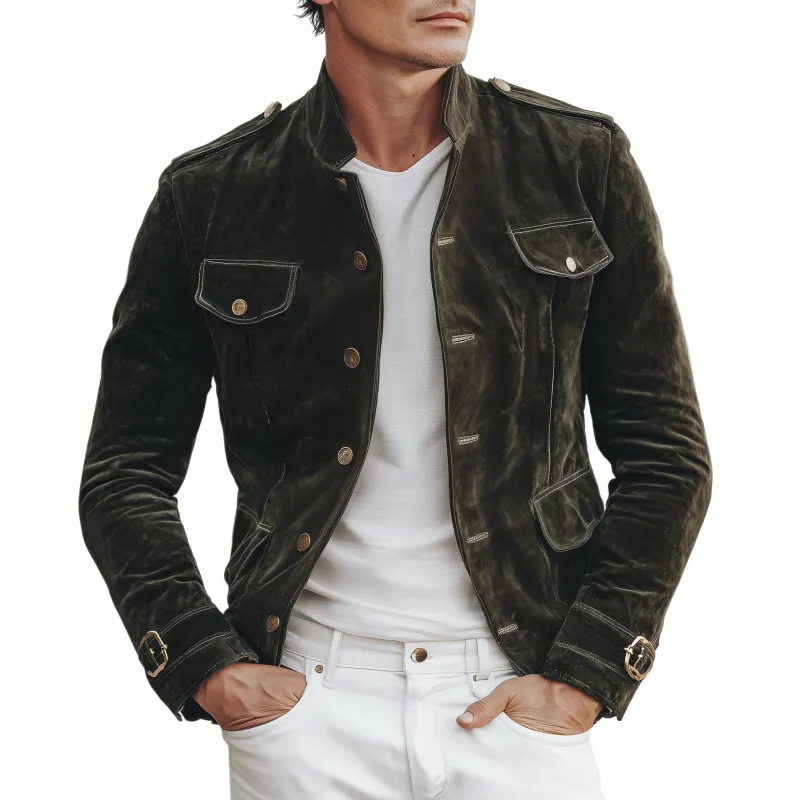 Men's Classic Retro Stand Collar Multi-pocket Suede Slim Jacket MTA3086H2K sold by Manly