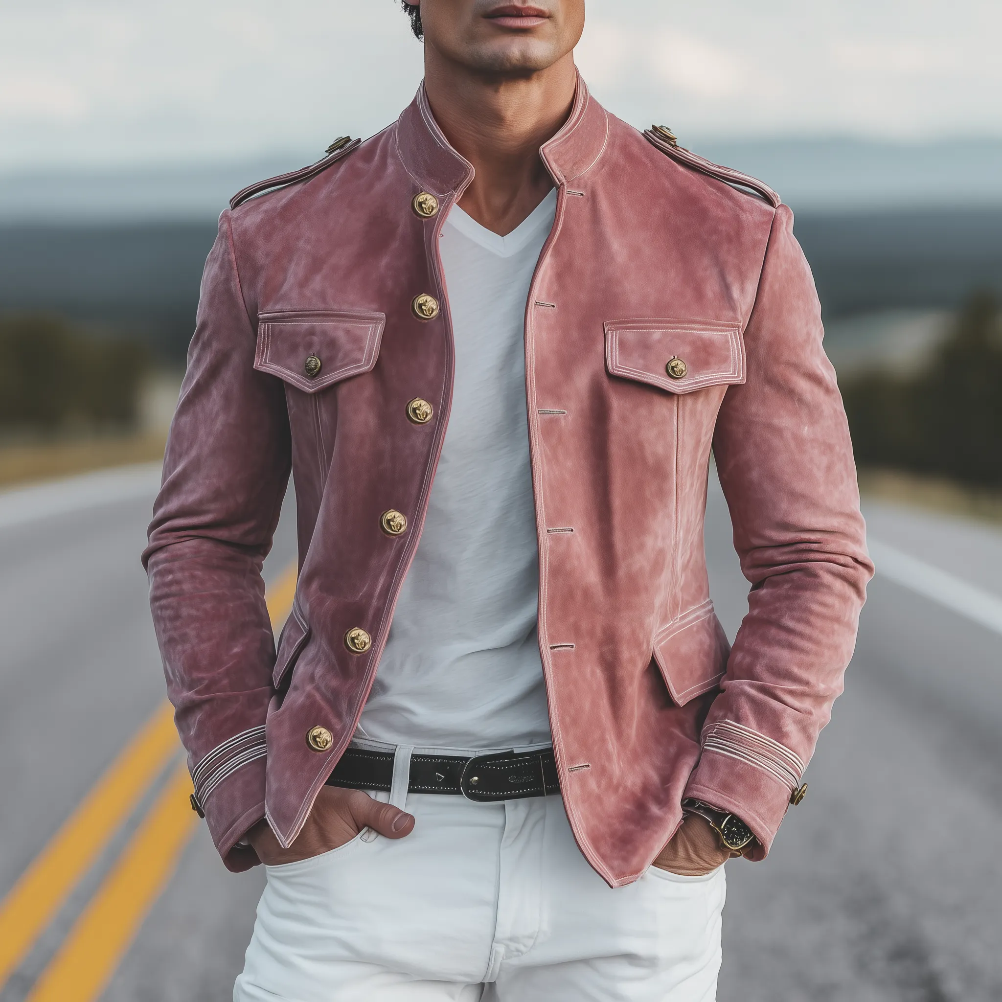 Men's Classic Retro Stand Collar Pink Suede Multi-pocket Slim-fit Jacket MTA3069H5K sold by Manly product image thumbnail 2