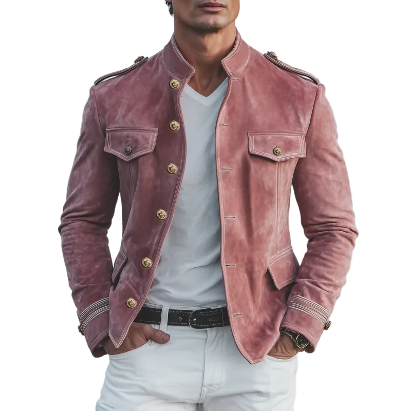Men's Classic Retro Stand Collar Pink Suede Multi-pocket Slim-fit Jacket MTA3069H5K sold by Manly