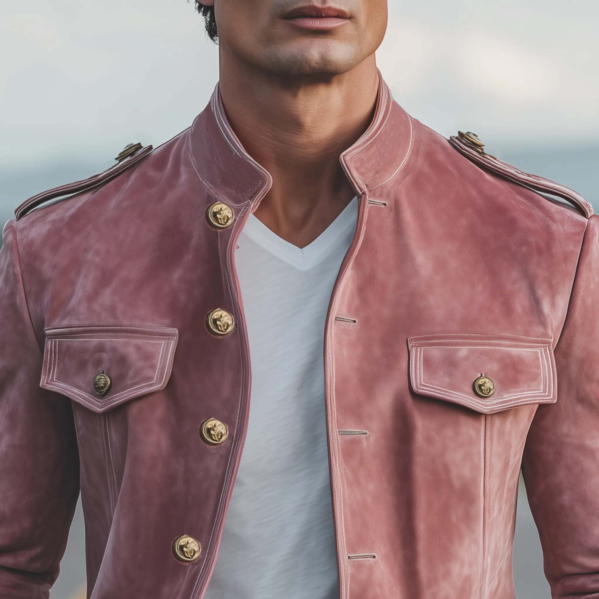 Men's Classic Retro Stand Collar Pink Suede Multi-pocket Slim-fit Jacket MTA3069H5K sold by Manly product image thumbnail 3