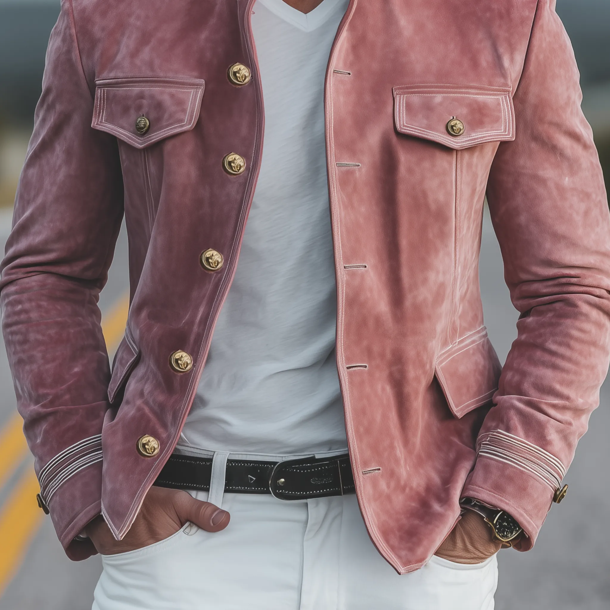 Men's Classic Retro Stand Collar Pink Suede Multi-pocket Slim-fit Jacket MTA3069H5K sold by Manly product image thumbnail 4