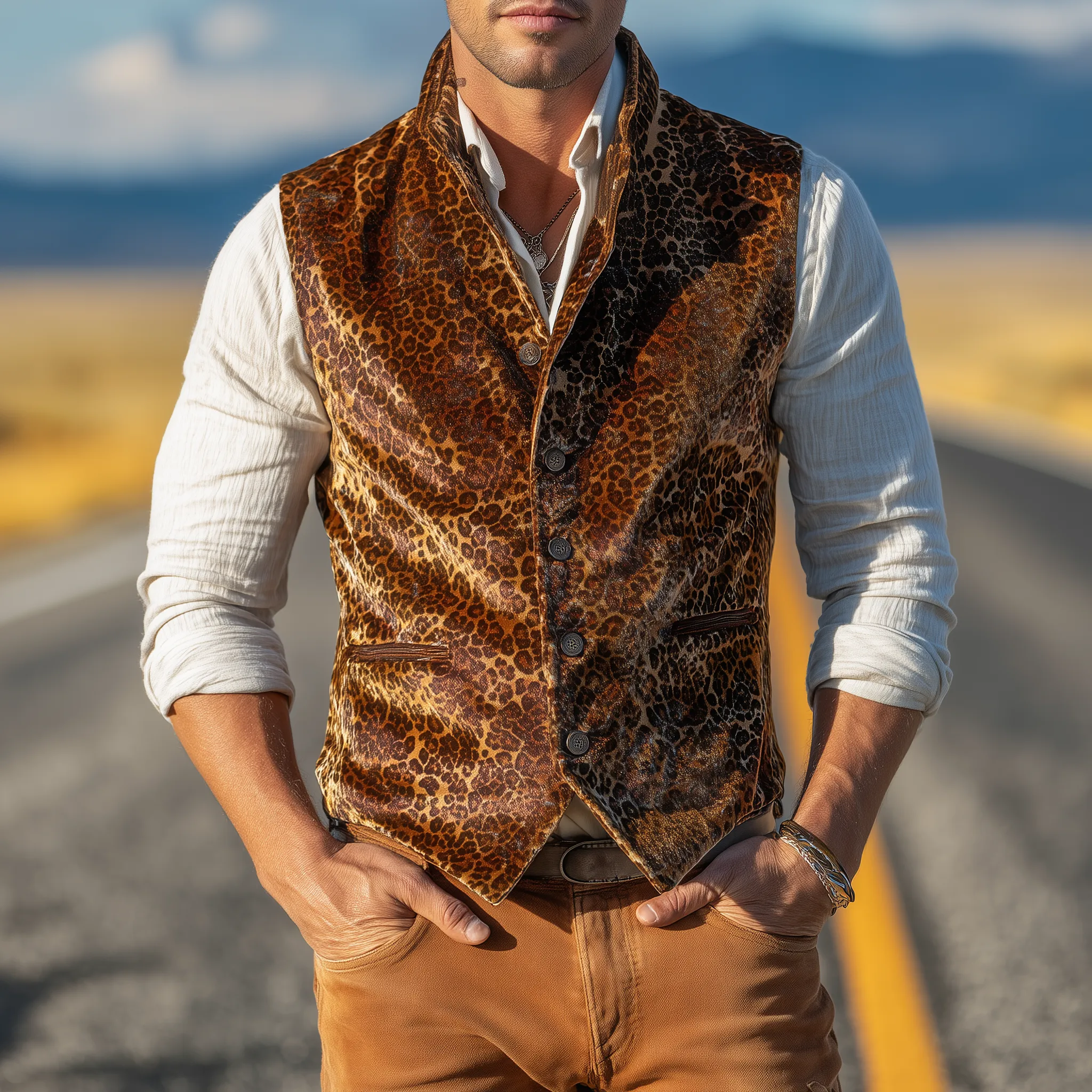 Men's Classic Casual Stand Collar Velvet Leopard Print Slim Vest MTA3082H1K sold by Manly product image thumbnail 2