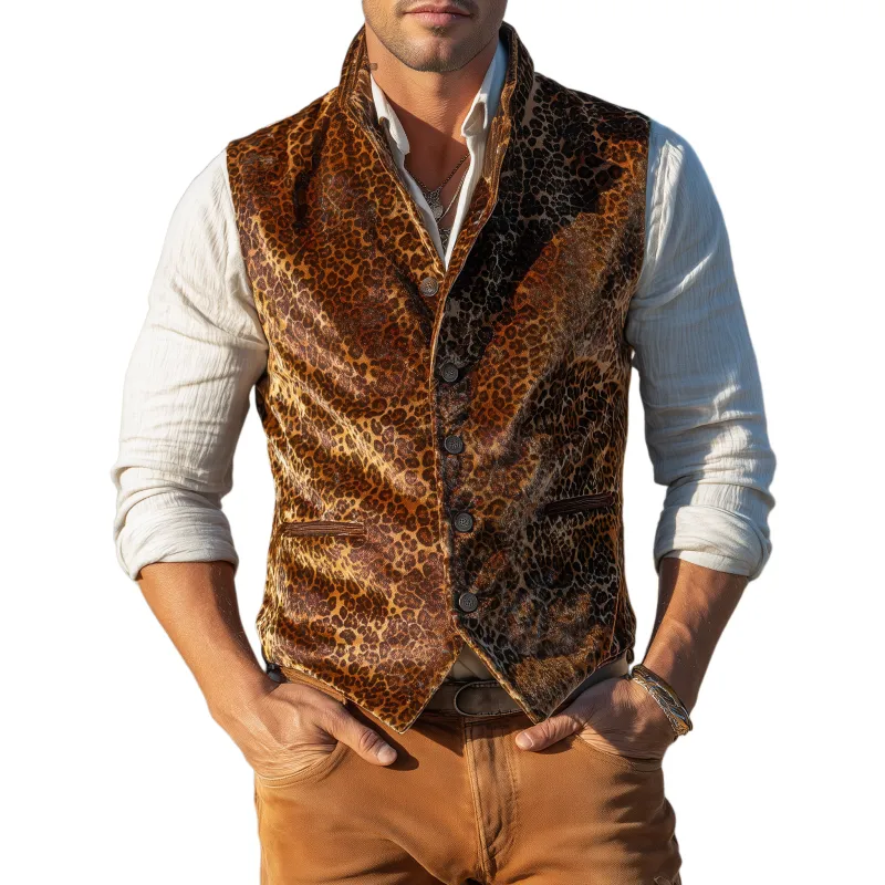 Men's Classic Casual Stand Collar Velvet Leopard Print Slim Vest MTA3082H1K sold by Manly