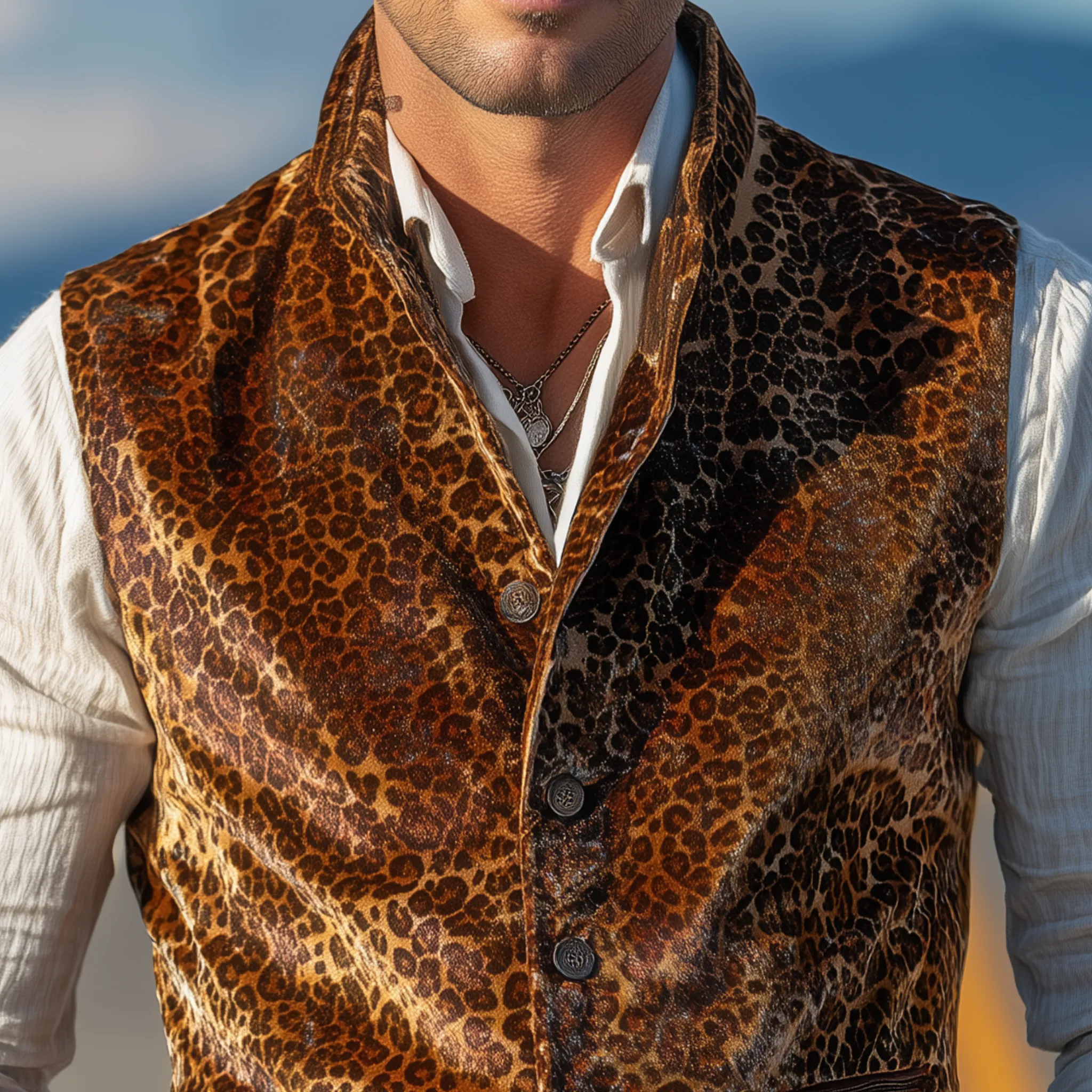 Men's Classic Casual Stand Collar Velvet Leopard Print Slim Vest MTA3082H1K sold by Manly product image thumbnail 3