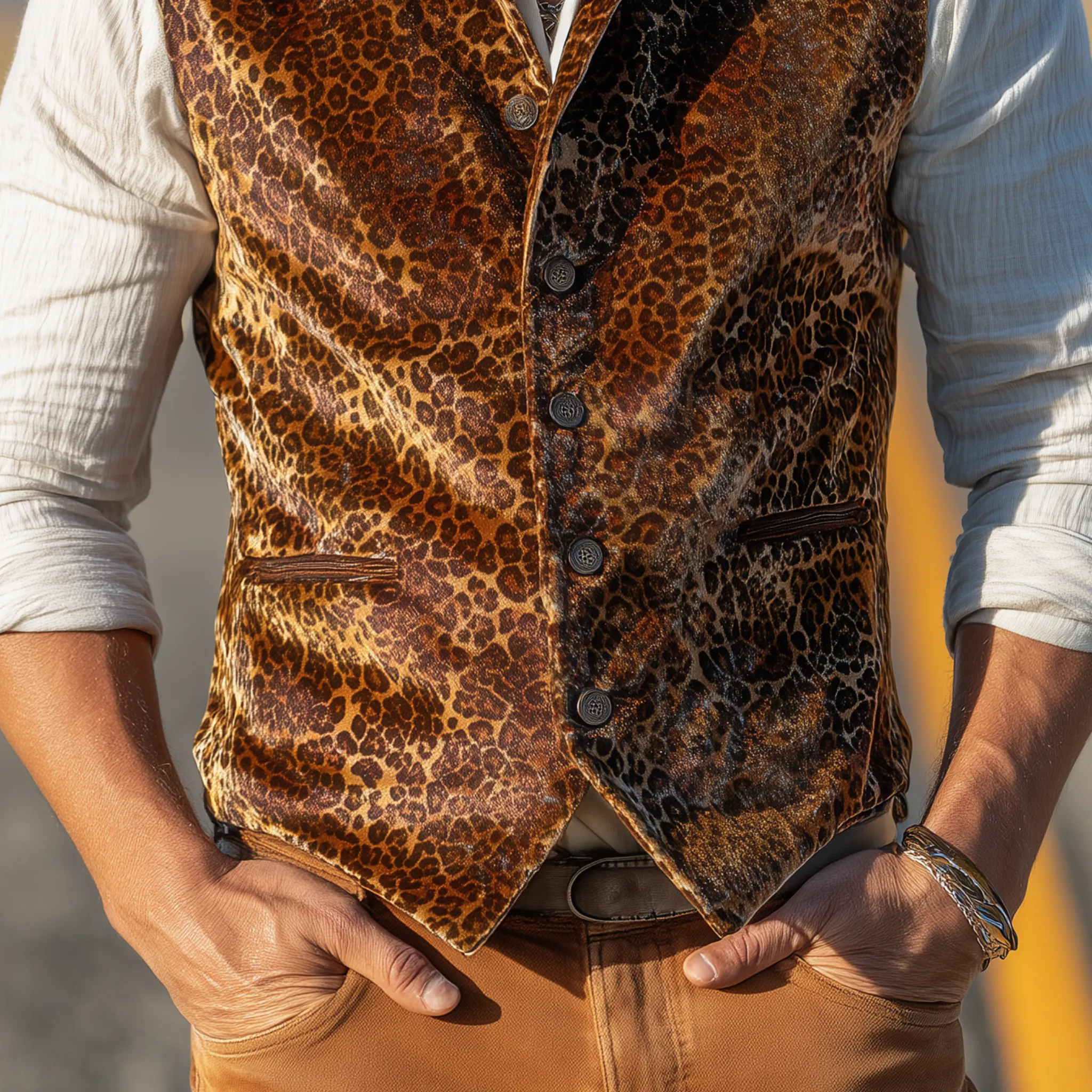 Men's Classic Casual Stand Collar Velvet Leopard Print Slim Vest MTA3082H1K sold by Manly product image thumbnail 4