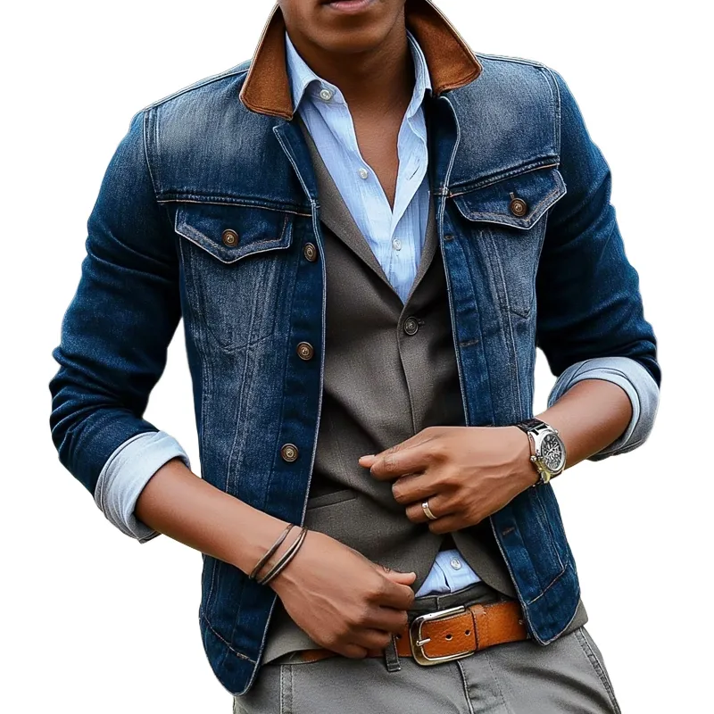 Men's Classic Washed Blue Colorblock Collar Denim Jacket MTA2980H2U sold by Manly