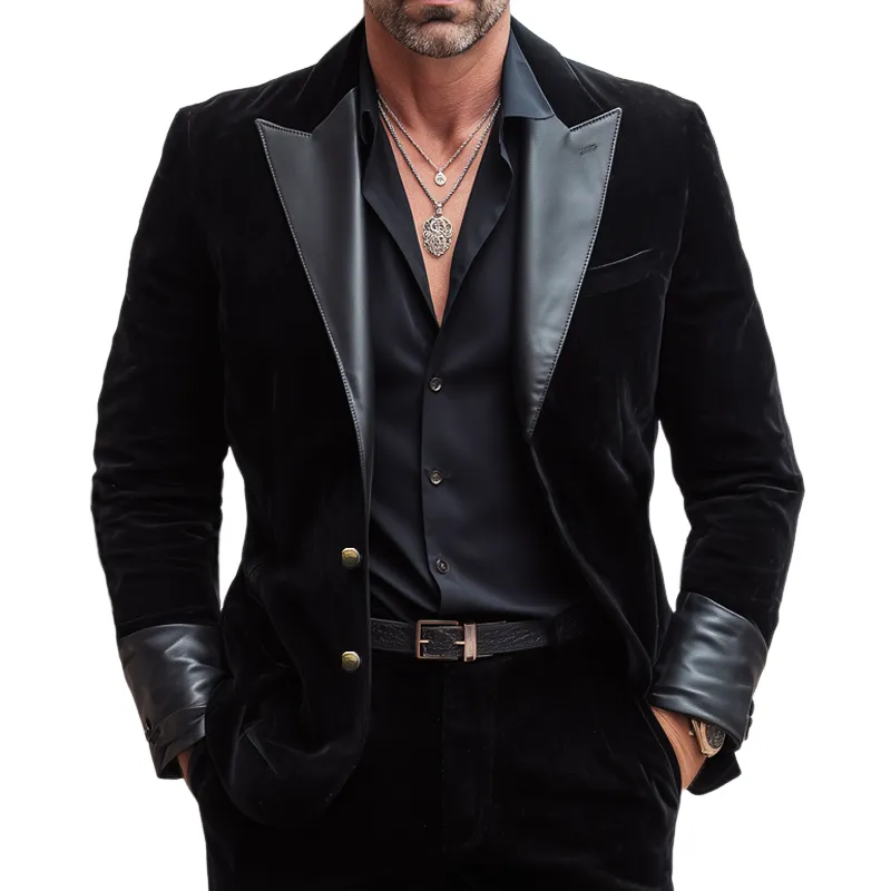 Men's Business Two-button Velvet And PU Leather Patchwork Blazer MTA3075H6U sold by Manly