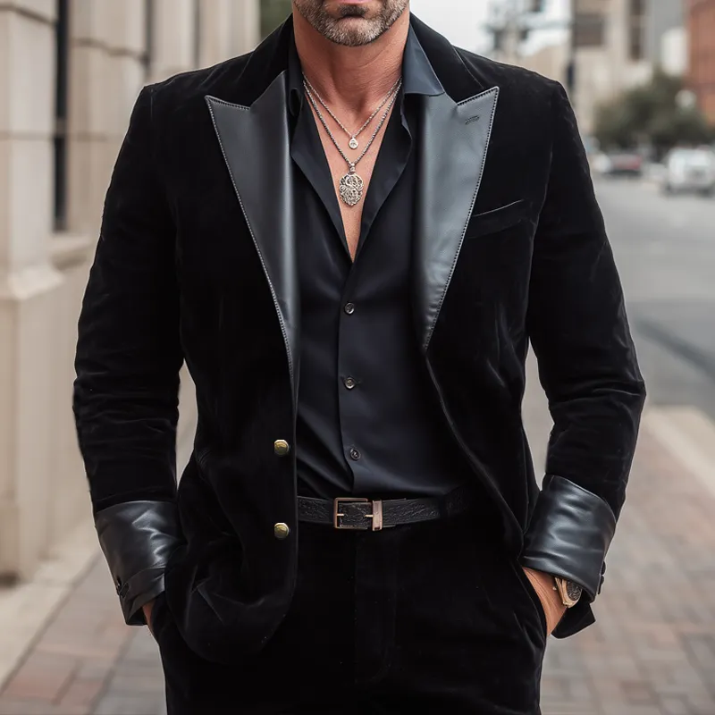 Men's Business Two-button Velvet And PU Leather Patchwork Blazer MTA3075H6U sold by Manly product image thumbnail 2