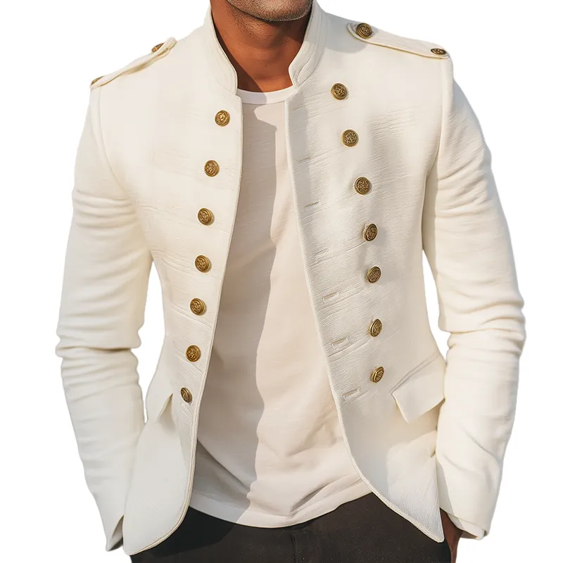 Men's Retro Casual Striped Stand Collar Double Breasted Jacket MTA2957H3TO sold by Manly