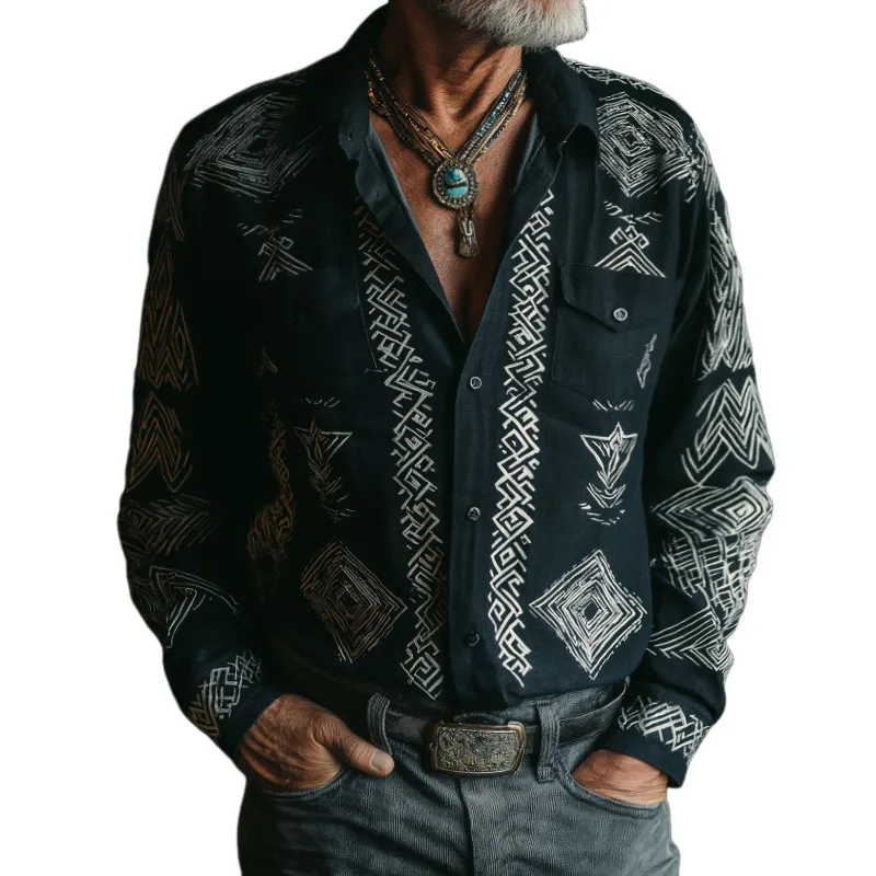 Men's Retro Casual Ethnic Style Printed Lapel Long Sleeve Shirt MTA2922H8TO sold by Manly