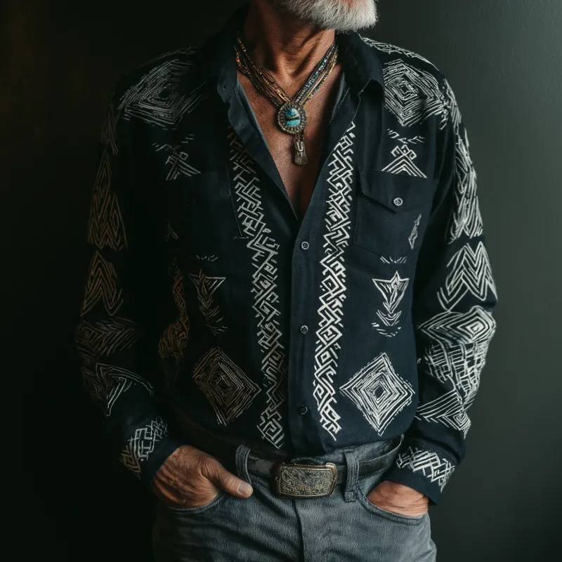 Men's Retro Casual Ethnic Style Printed Lapel Long Sleeve Shirt MTA2922H8TO sold by Manly product image thumbnail 2