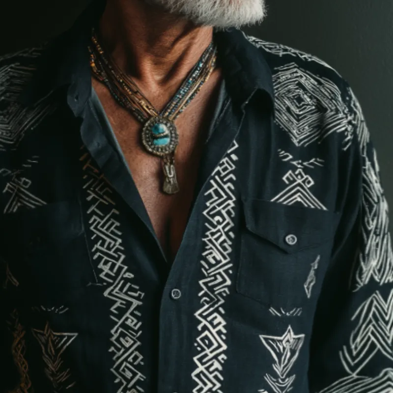 Men's Retro Casual Ethnic Style Printed Lapel Long Sleeve Shirt MTA2922H8TO sold by Manly product image thumbnail 3