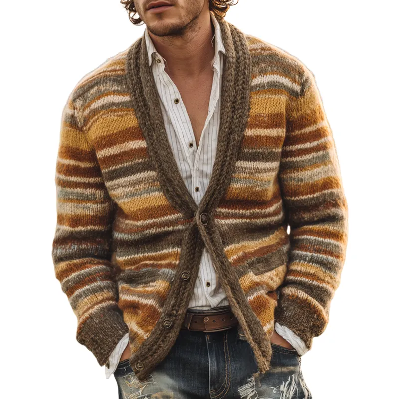 Men's Coloring Striped V Neck Single Breasted Knit Cardigan MTA3080H9Z sold by Manly