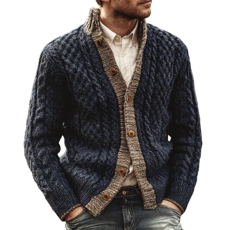 Men's Colorblock Knit Stand Collar Single Breasted Cardigan MTA3004H1Z sold by Manly