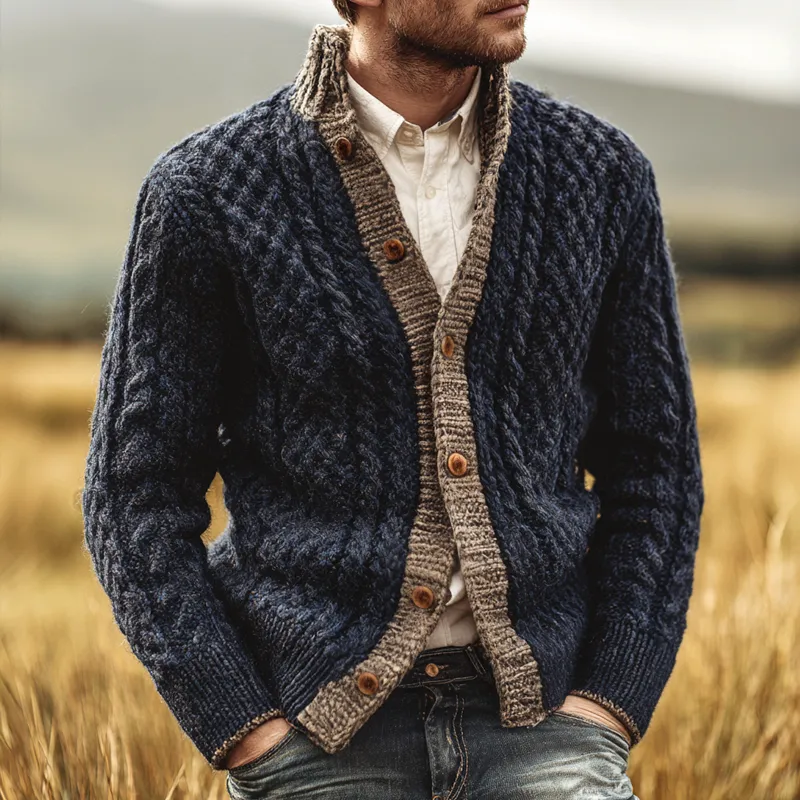 Men's Colorblock Knit Stand Collar Single Breasted Cardigan MTA3004H1Z sold by Manly product image thumbnail 2