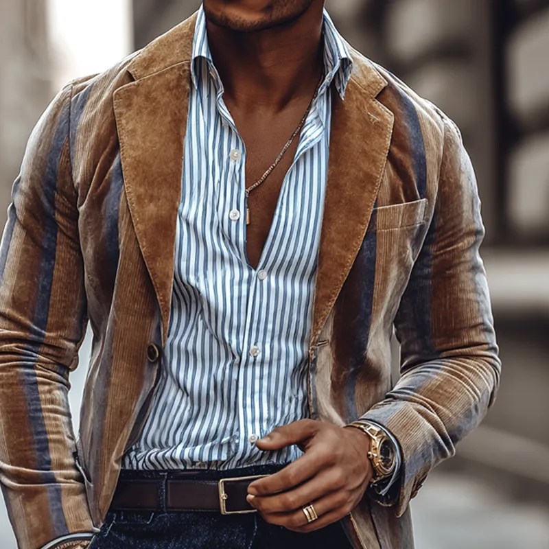 Men's Striped Print Velvet Notch Lapel Two Buttons Blazer MTA3018H2Z sold by Manly product image thumbnail 3