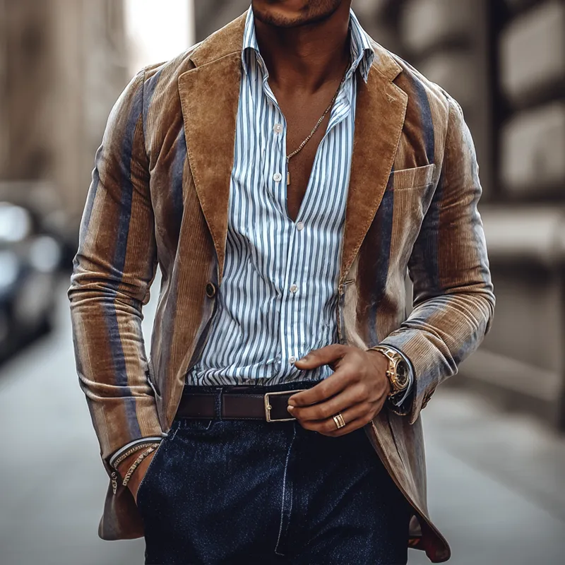 Men's Striped Print Velvet Notch Lapel Two Buttons Blazer MTA3018H2Z sold by Manly product image thumbnail 2