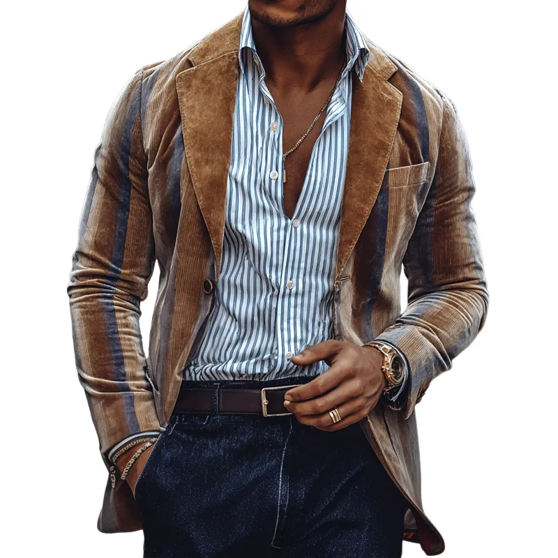 Men's Striped Print Velvet Notch Lapel Two Buttons Blazer MTA3018H2Z sold by Manly