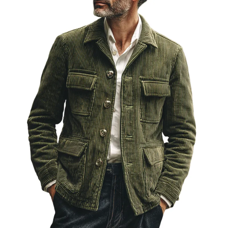 Men's Corduroy Lapel Multi-pocket Single Breasted Casual Jacket MTA3077H2Z sold by Manly