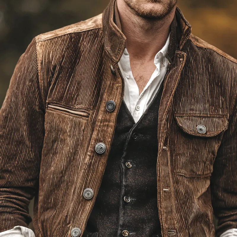 Men's Corduroy Stand Collar Single Breasted Casual Jacket MTA3000H6Z sold by Manly product image thumbnail 3