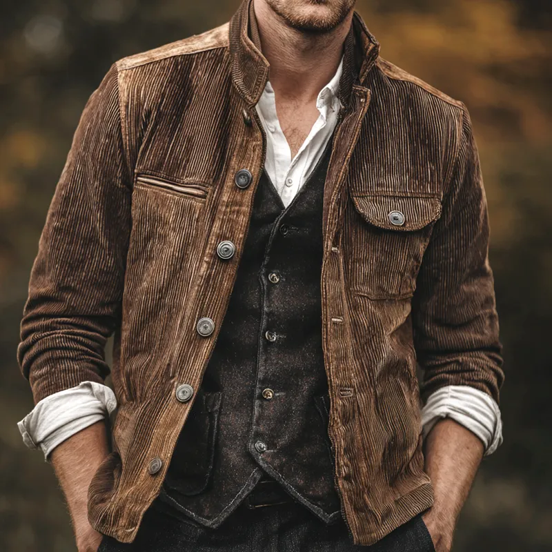 Men's Corduroy Stand Collar Single Breasted Casual Jacket MTA3000H6Z sold by Manly product image thumbnail 2