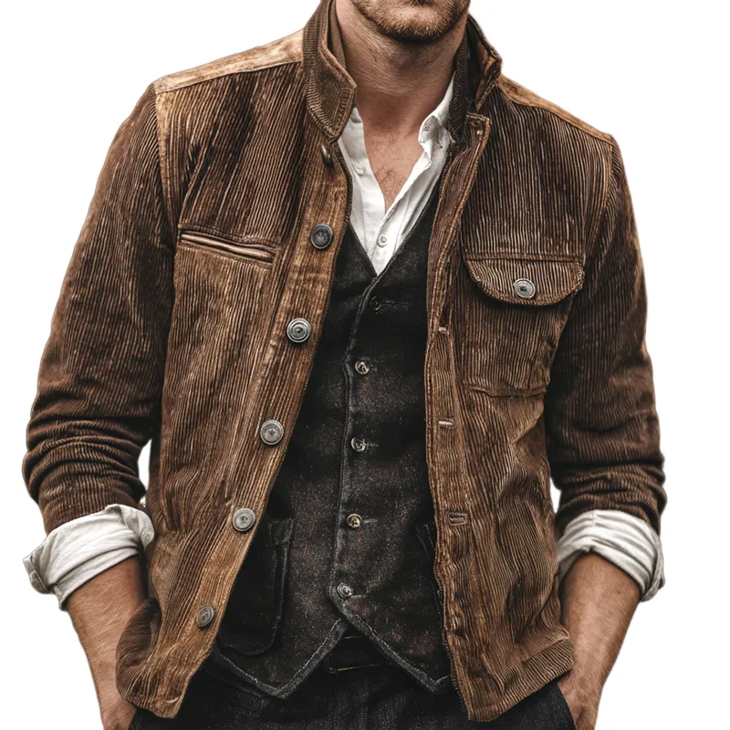 Men's Corduroy Stand Collar Single Breasted Casual Jacket MTA3000H6Z sold by Manly