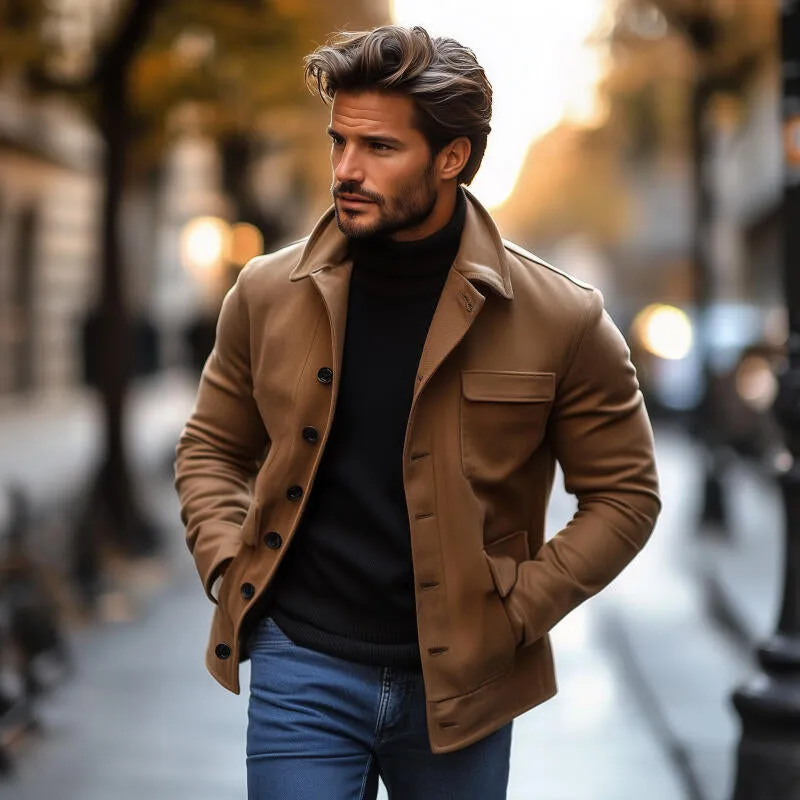 Men's Vintage Solid Color Wool Blend Lapel Single-Breasted Loose Work Jacket MTA3034H5M sold by Manly product image thumbnail 3