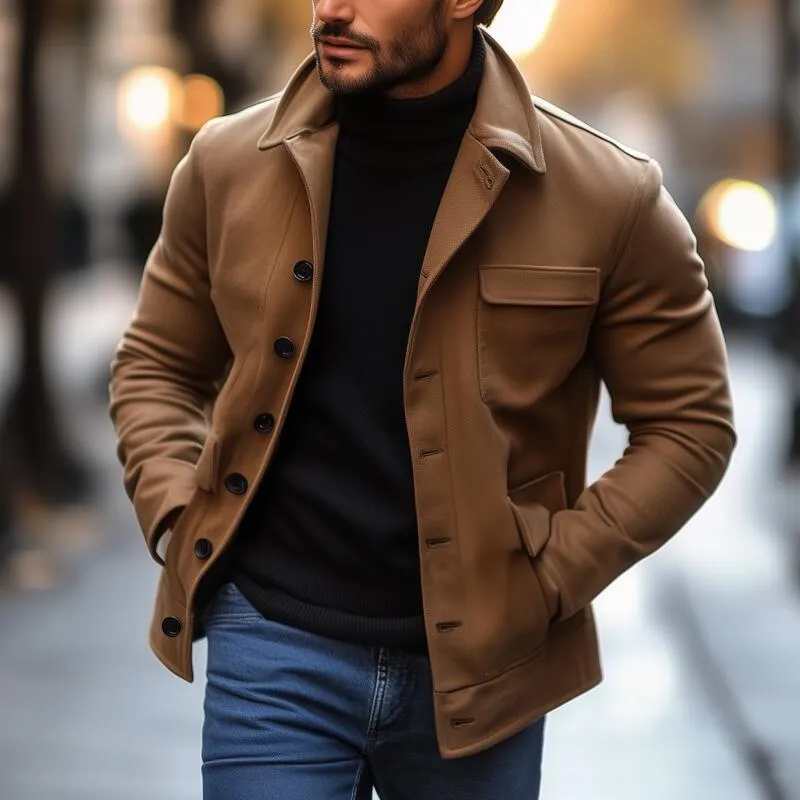 Men's Vintage Solid Color Wool Blend Lapel Single-Breasted Loose Work Jacket MTA3034H5M sold by Manly product image thumbnail 2