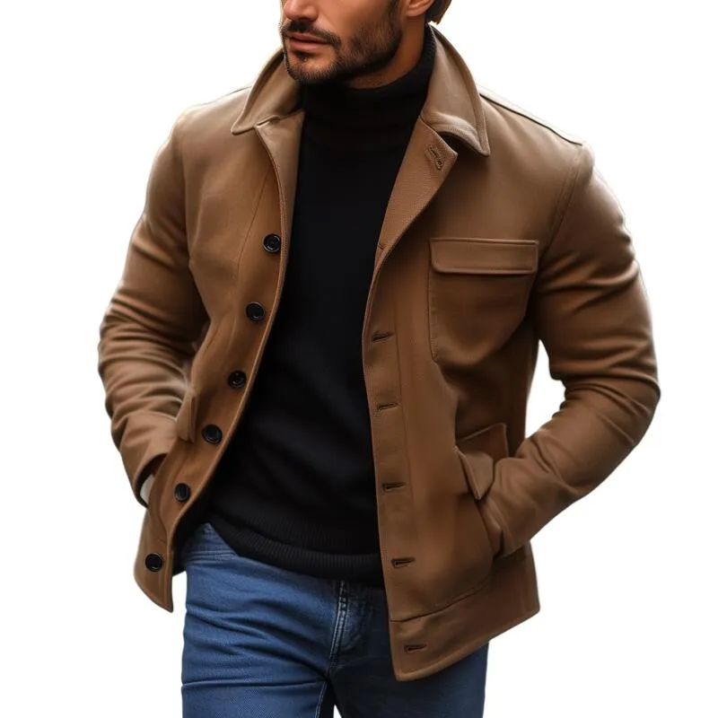 Men's Vintage Solid Color Wool Blend Lapel Single-Breasted Loose Work Jacket MTA3034H5M sold by Manly