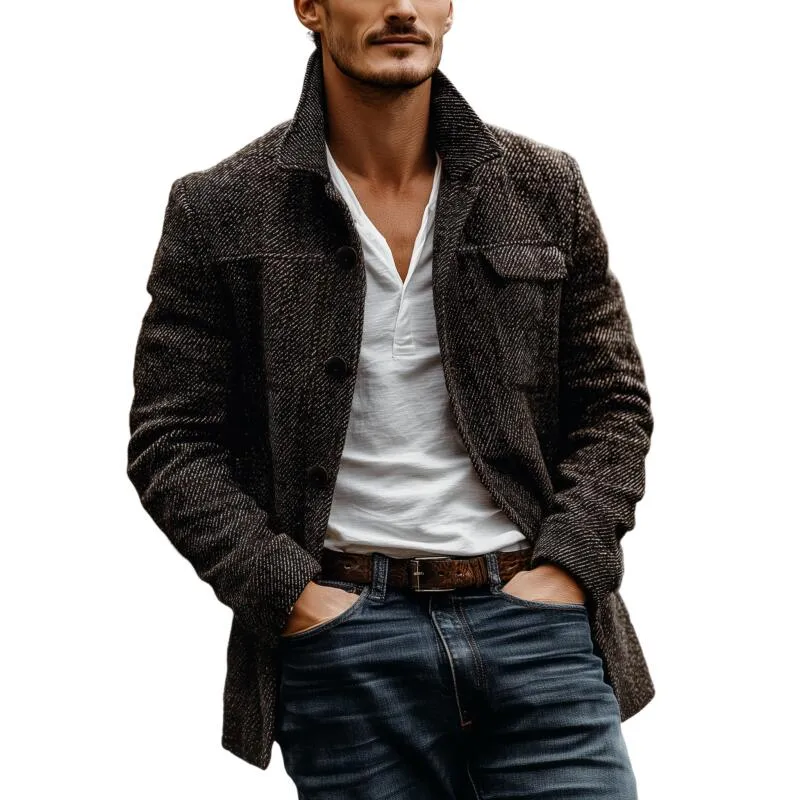 Men's Vintage Twill Wool Blend Lapel Single-breasted Loose Short Coat MTA2703H2M sold by Manly