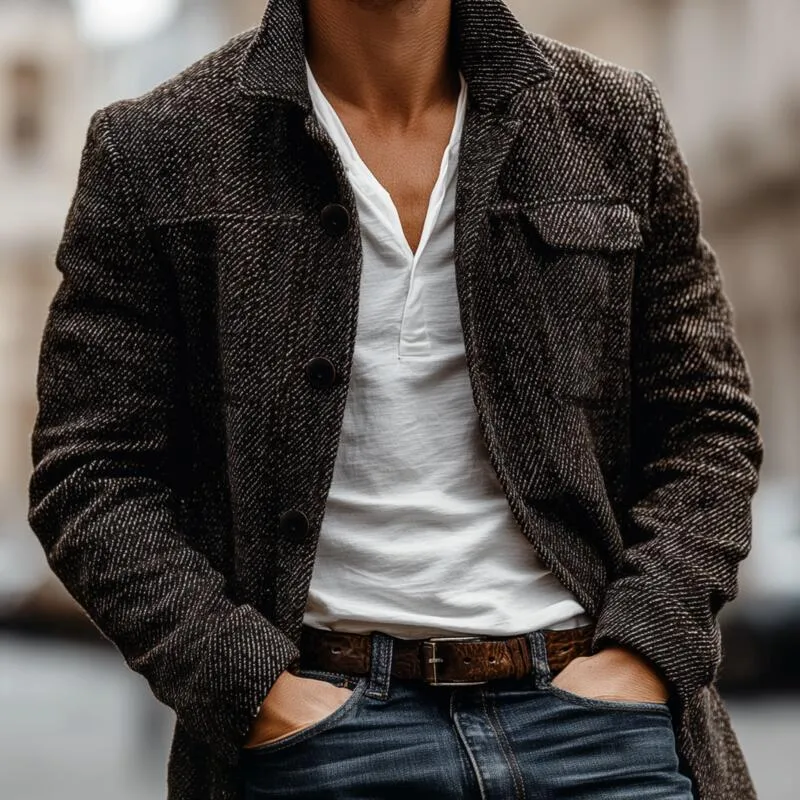 Men's Vintage Twill Wool Blend Lapel Single-breasted Loose Short Coat MTA2703H2M sold by Manly product image thumbnail 3