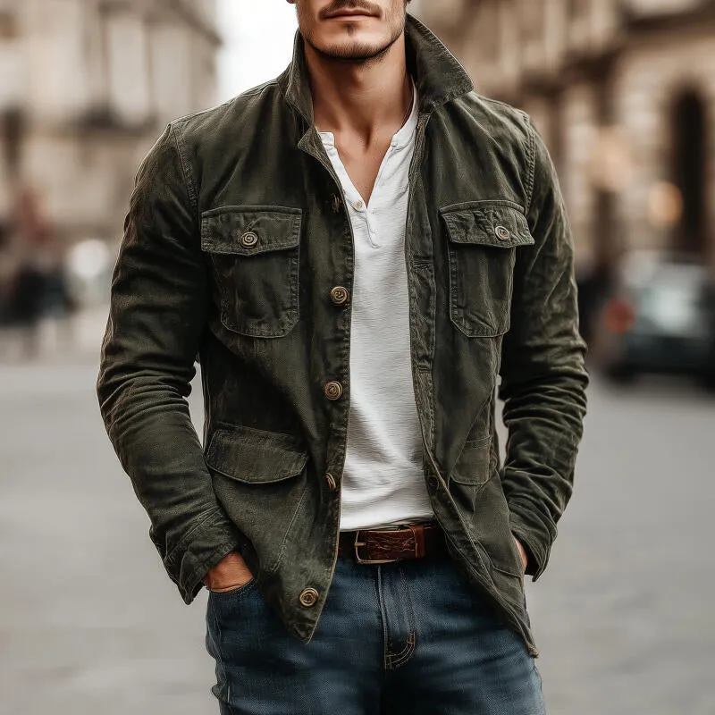 Men's Vintage Washed Distressed Cotton Lapel Single-breasted Multi-pocket Cargo Jacket MTA2559H1M sold by Manly product image thumbnail 2