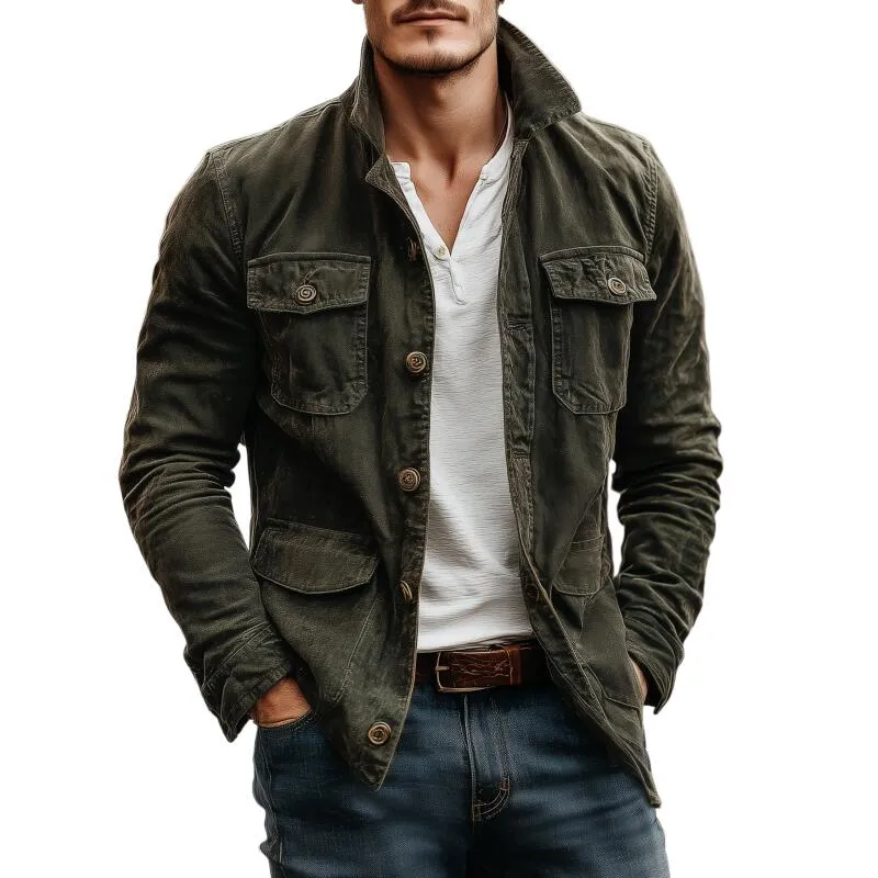 Men's Vintage Washed Distressed Cotton Lapel Single-breasted Multi-pocket Cargo Jacket MTA2559H1M sold by Manly
