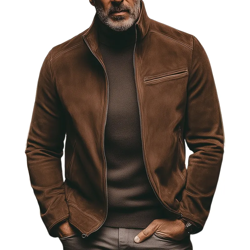 Men's Vintage Stand Collar Suede Zip-Up Jacket MTA0236I9U sold by Manly
