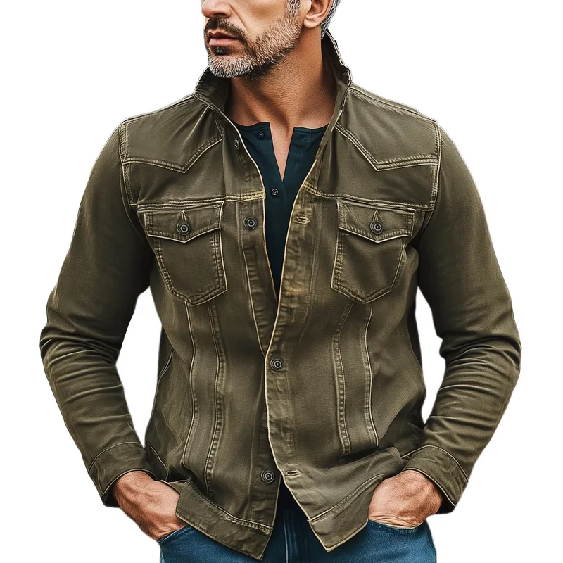 Men's Classic Faded Stand Collar Denim Jacket MTA0178I3U sold by Manly