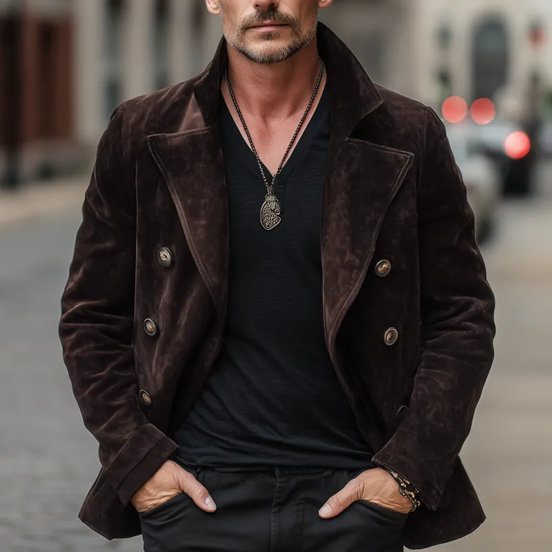 Men's Classic Double Breasted Notched Lapel Suede Jacket MTA0236I7U sold by Manly product image thumbnail 2