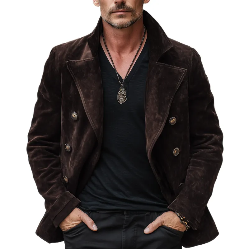 Men's Classic Double Breasted Notched Lapel Suede Jacket MTA0236I7U sold by Manly