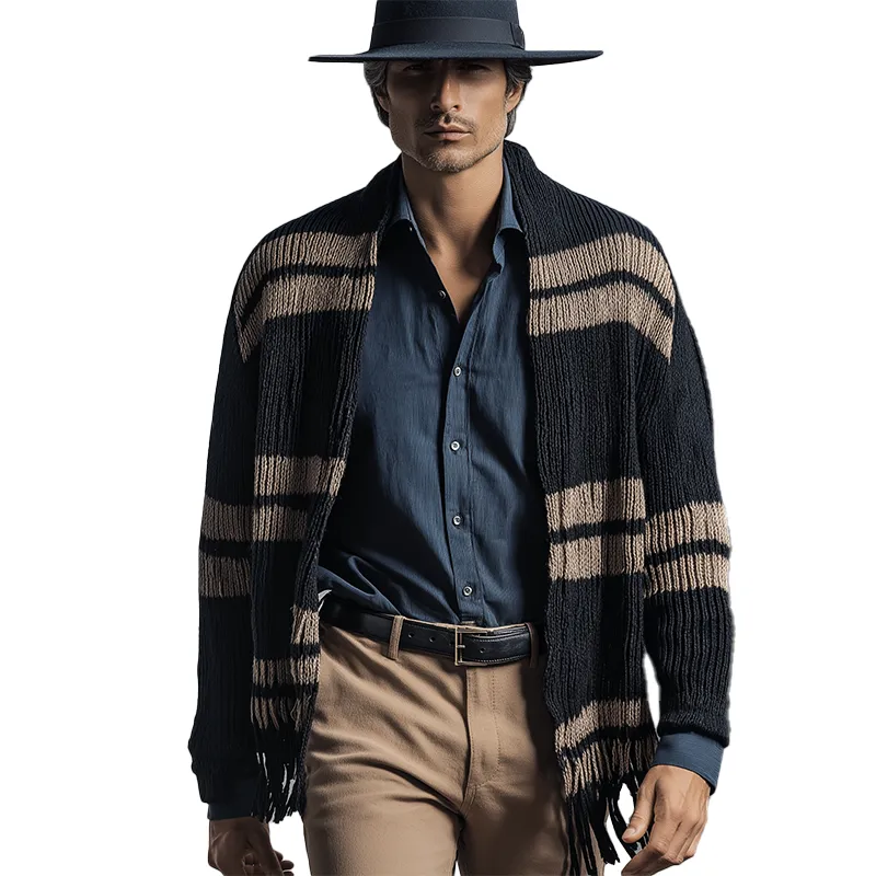 Men's Winter Fashion Striped Knitted Tassel Shawl Cardigan MTA0271I1P sold by Manly