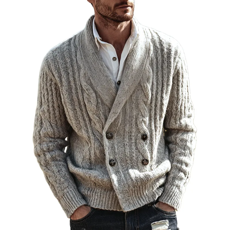 Men's Cable Knitted Shawl Collar Double Breasted Cardigan MTA0244I6Z sold by Manly
